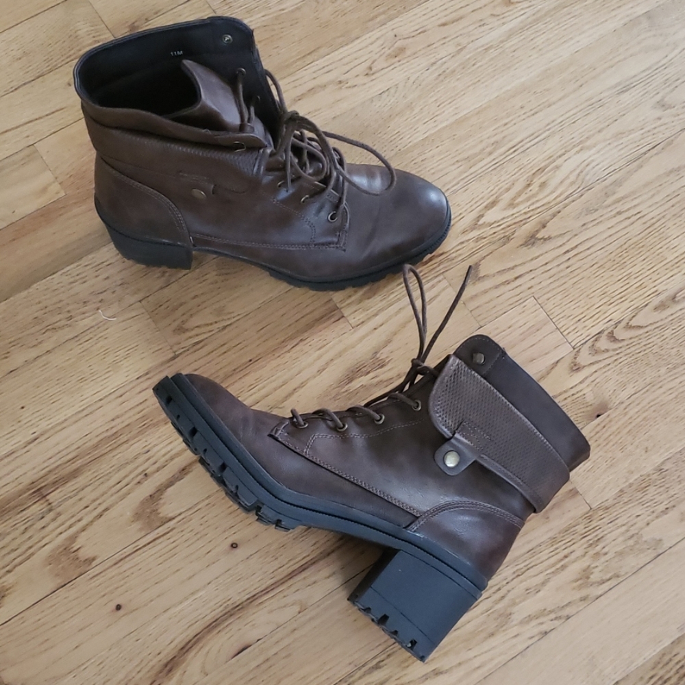 Brown Lace Up Block Heel Booties - Size 11
